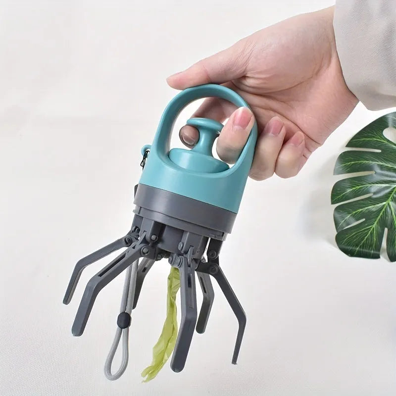 Blue portable dog poop scooper with built-in bag dispenser, clip-on design for leash or harness, 2.7 x 7.4 inches