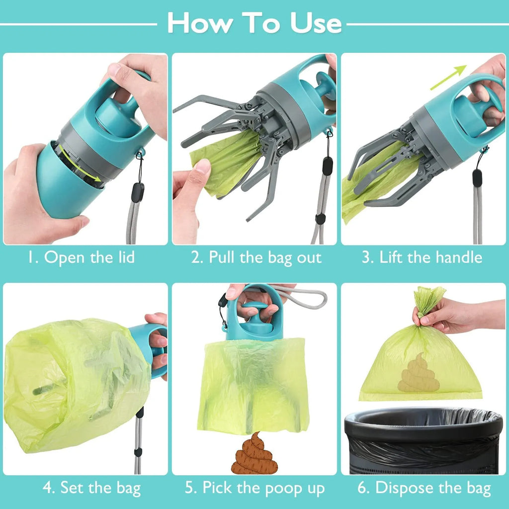 Blue portable dog poop scooper with built-in bag dispenser, clip-on design for leash or harness, 2.7 x 7.4 inches