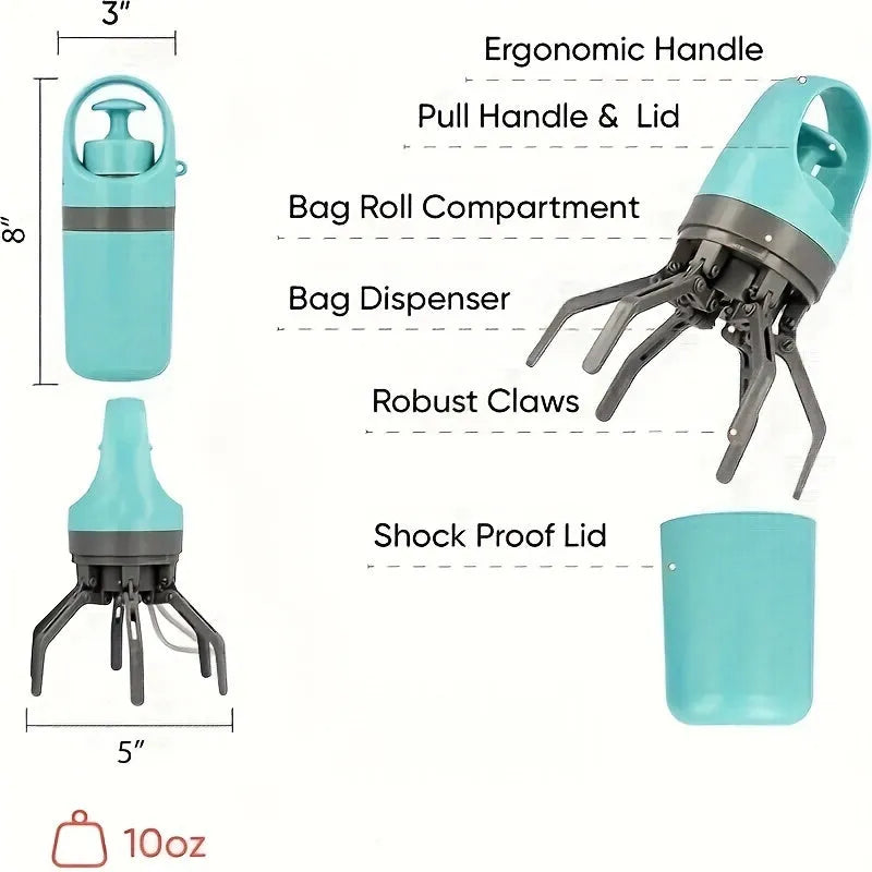 Blue portable dog poop scooper with built-in bag dispenser, clip-on design for leash or harness, 2.7 x 7.4 inches