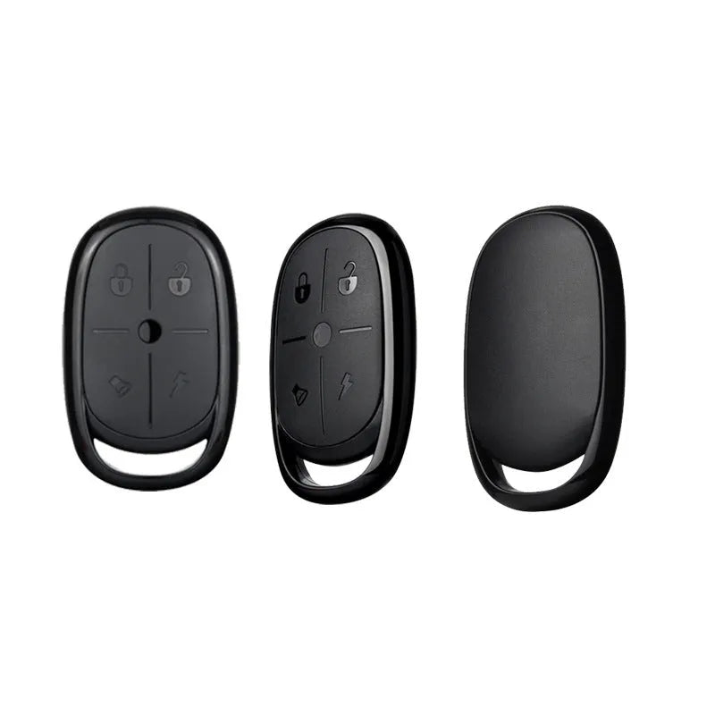 Black ABS plastic wireless car remote control key fob with buttons, shown next to a CR2032 battery.