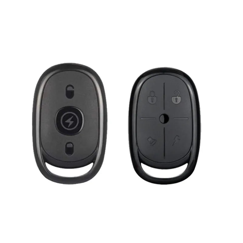 Black ABS plastic wireless car remote control key fob with buttons, shown next to a CR2032 battery.