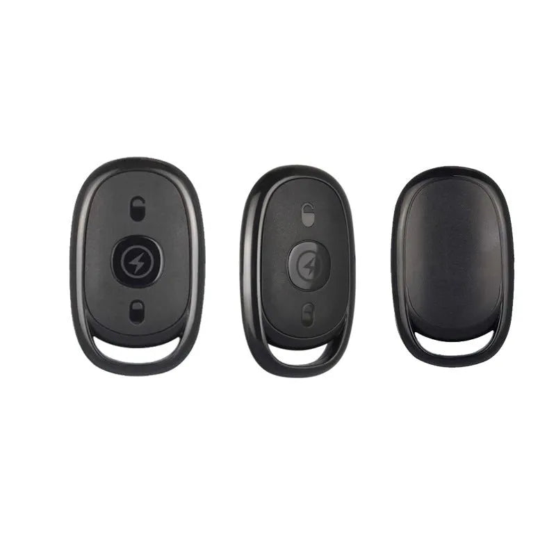 Black ABS plastic wireless car remote control key fob with buttons, shown next to a CR2032 battery.