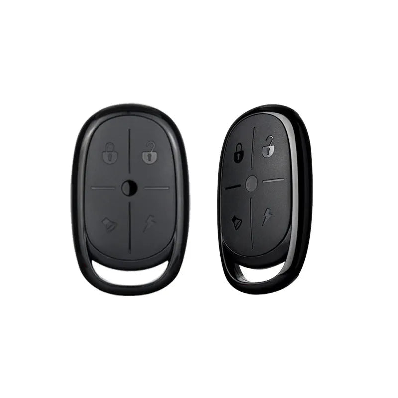 Black ABS plastic wireless car remote control key fob with buttons, shown next to a CR2032 battery.