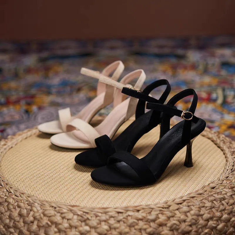 Women's one-strap PU leather sandals with low cat heel in apricot colour, side view