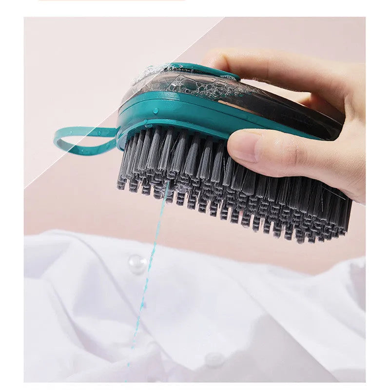 Multifunctional automatic liquid cleaning brush in blue with ergonomic grip on shoe