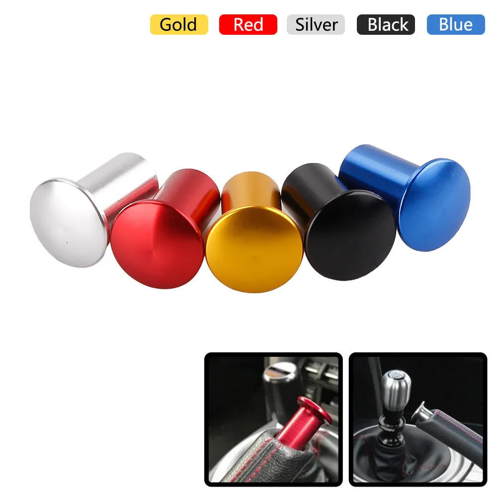 Aluminium alloy handbrake release button cap for car modification in gold, silver, black, blue, or red.