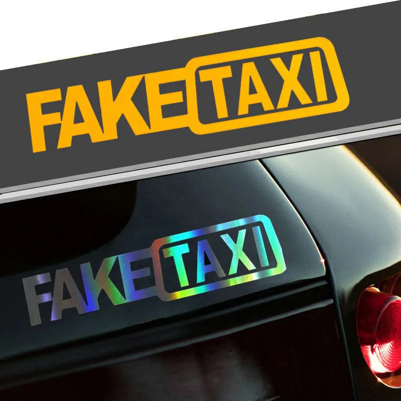 Waterproof black FAKE TAXI car warning sticker measuring 20 by 8 centimetres.