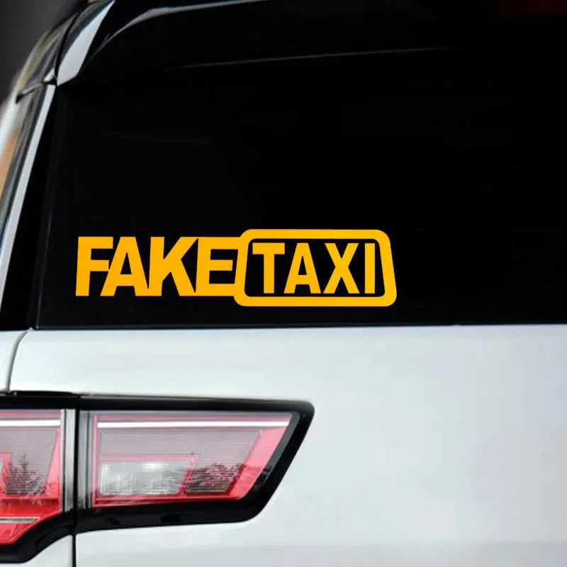 Waterproof black FAKE TAXI car warning sticker measuring 20 by 8 centimetres.
