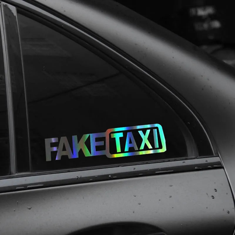 Waterproof black FAKE TAXI car warning sticker measuring 20 by 8 centimetres.