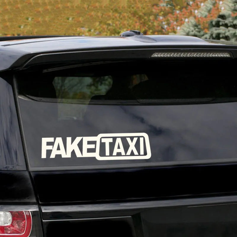 Waterproof black FAKE TAXI car warning sticker measuring 20 by 8 centimetres.