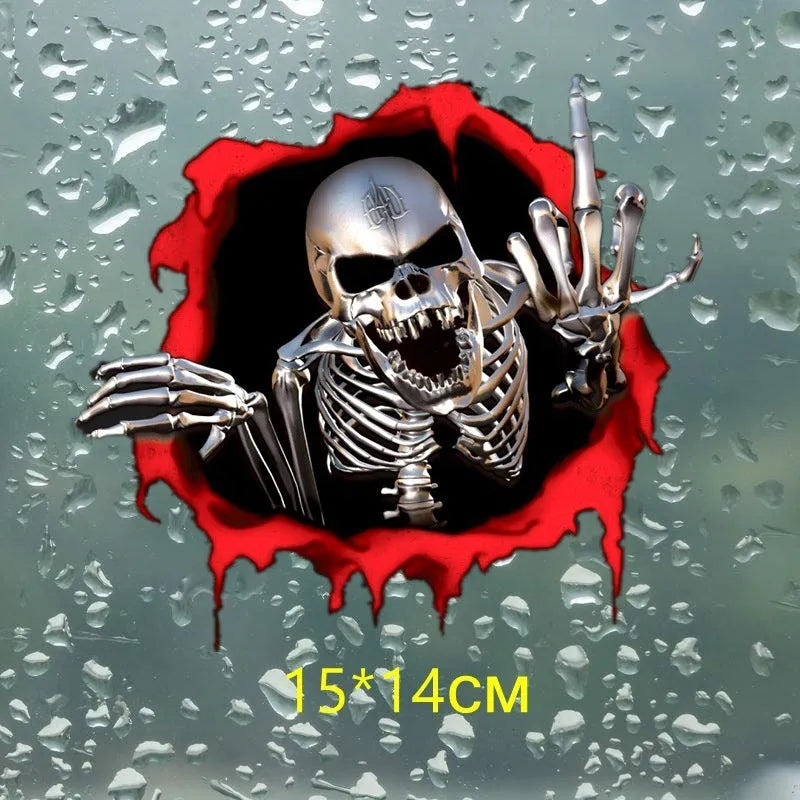 Reflective metal skull bumper sticker with colourful broken shell pattern measuring 15cm by 14cm