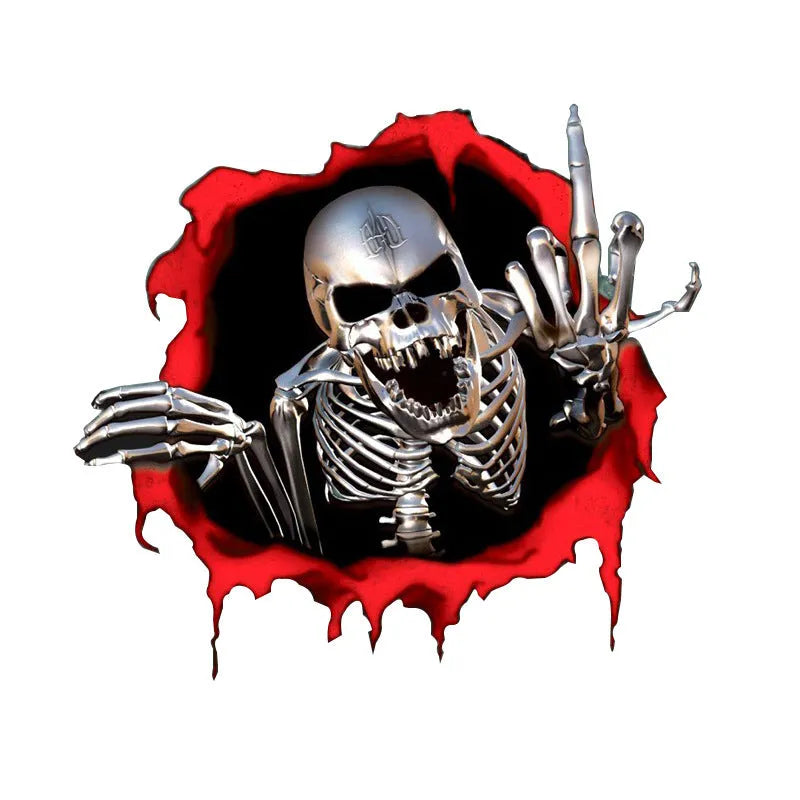 Reflective metal skull bumper sticker with colourful broken shell pattern measuring 15cm by 14cm