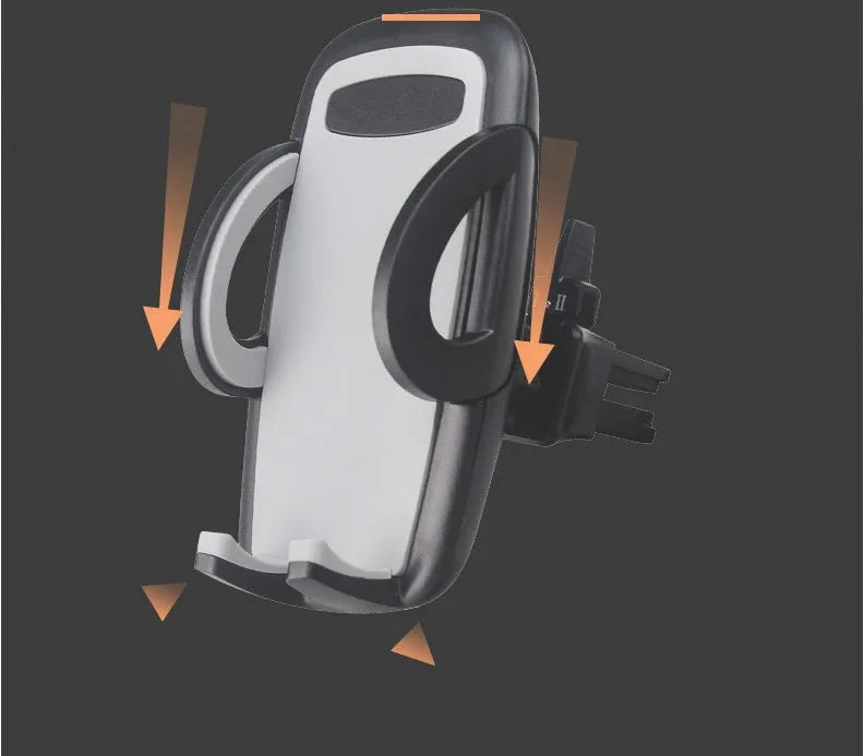 Black plastic car phone holder mounted on air conditioning outlet holding smartphone
