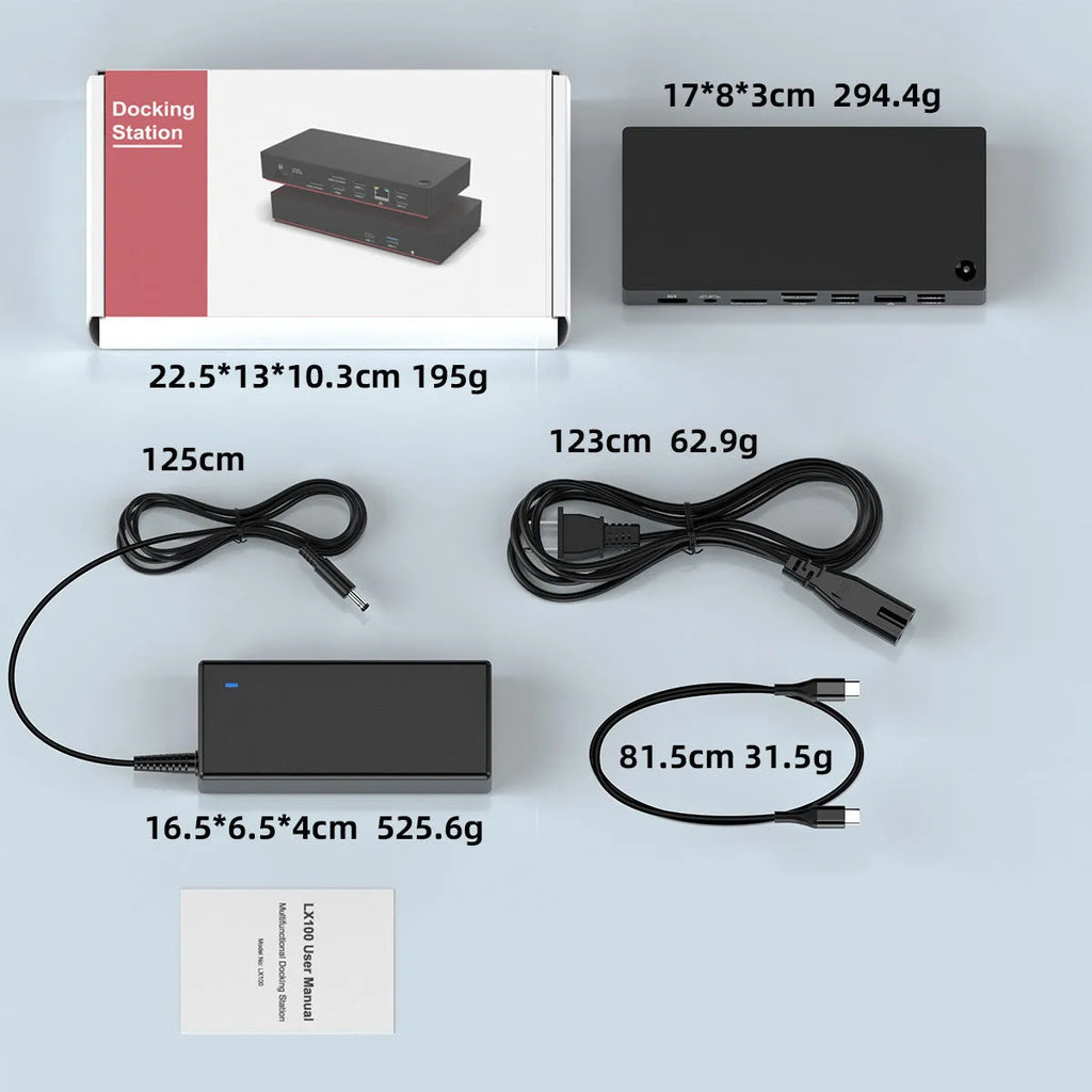 Lx100 Type-C docking station with 12 ports, 4K display support, external power supply, and 81.5cm cable