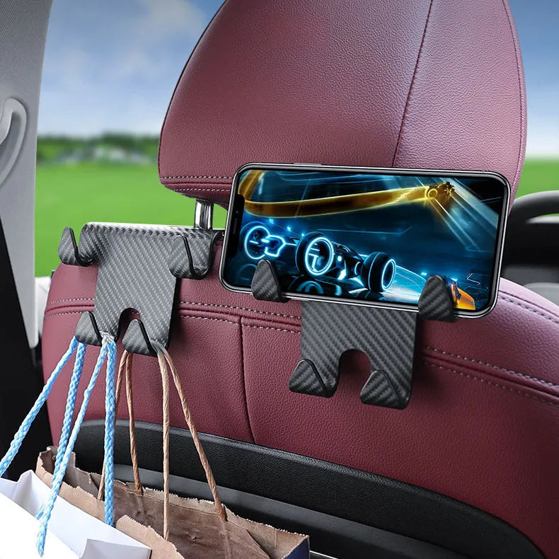 Black ABS car hook bracket with integrated mobile phone holder for rear seat organisation