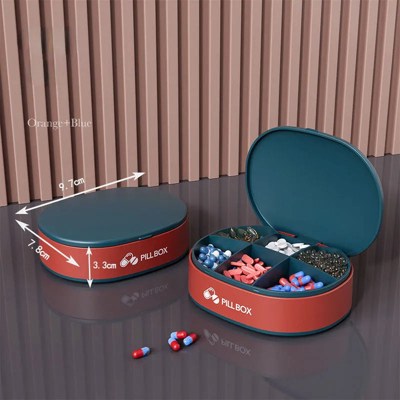 Small 6-grid pill case in dark blue or pink, PP-ABS plastic with silicone ring and double lock