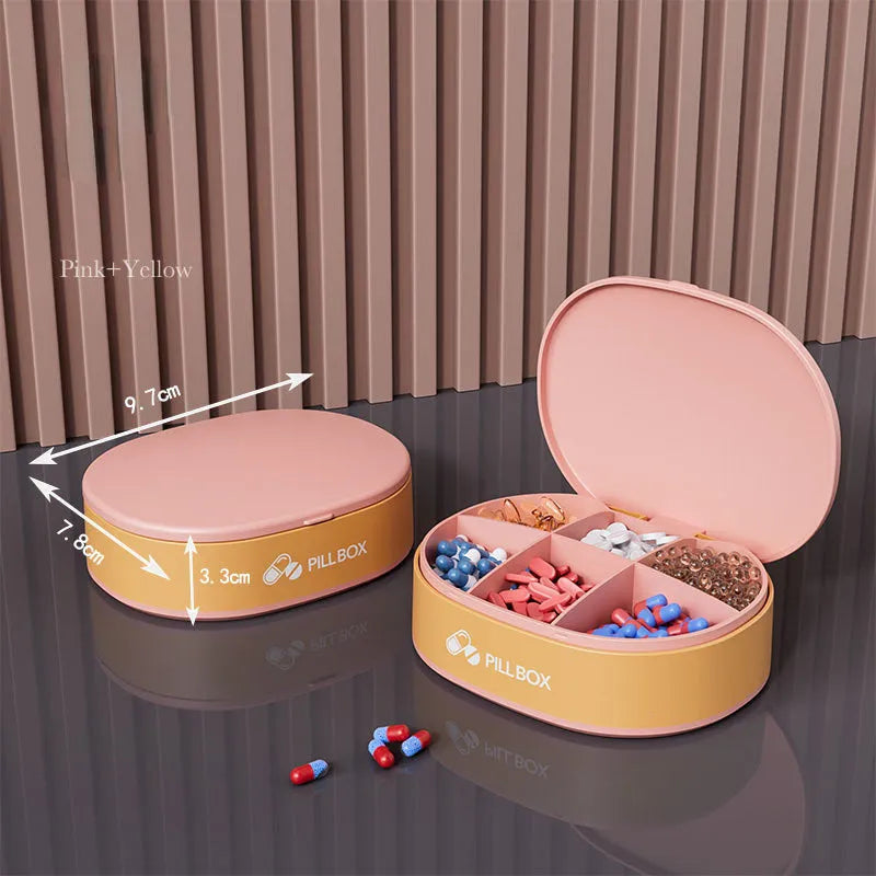 Small 6-grid pill case in dark blue or pink, PP-ABS plastic with silicone ring and double lock