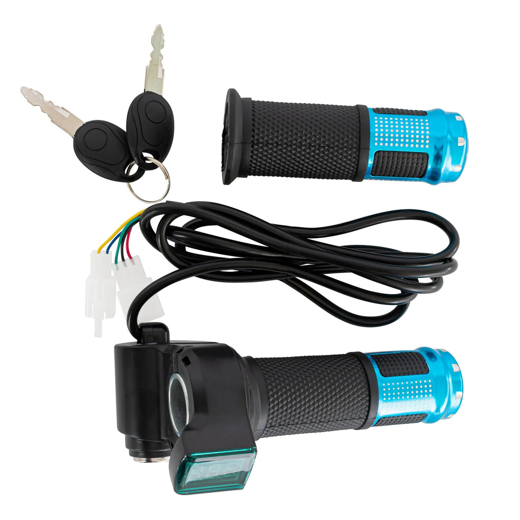 Electric vehicle handlebar throttle unit in blue, red, silver, or yellow, showing 5-core wiring connector