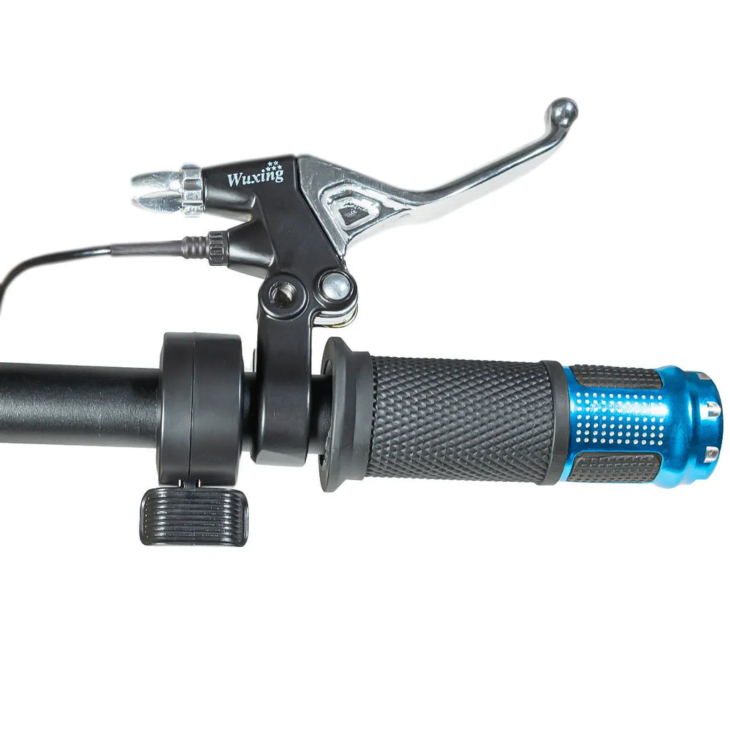 Electric vehicle handlebar throttle unit in blue, red, silver, or yellow, showing 5-core wiring connector