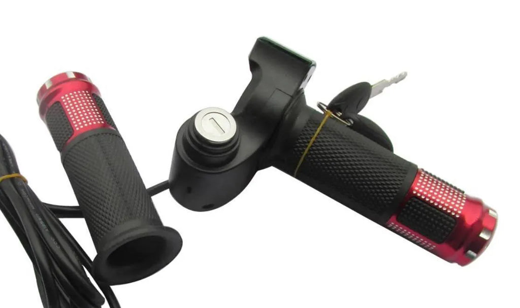 Electric vehicle handlebar throttle unit in blue, red, silver, or yellow, showing 5-core wiring connector
