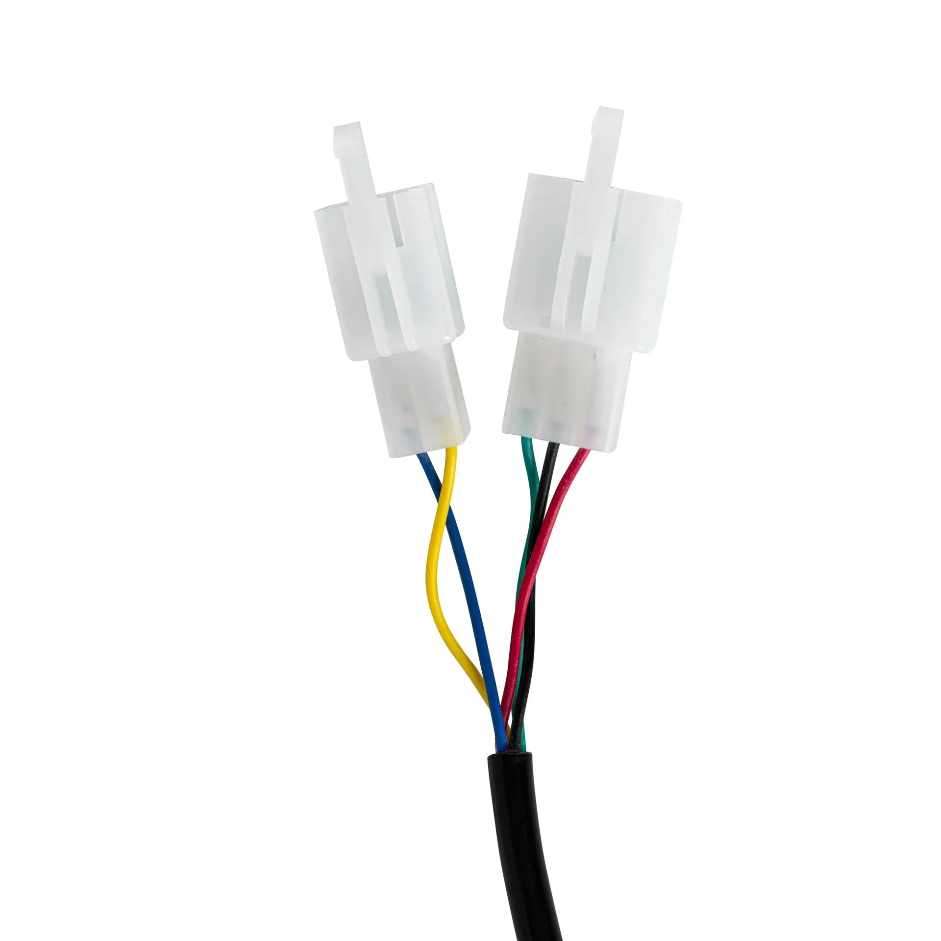 Electric vehicle handlebar throttle unit in blue, red, silver, or yellow, showing 5-core wiring connector