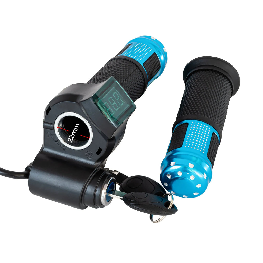 Electric vehicle handlebar throttle unit in blue, red, silver, or yellow, showing 5-core wiring connector