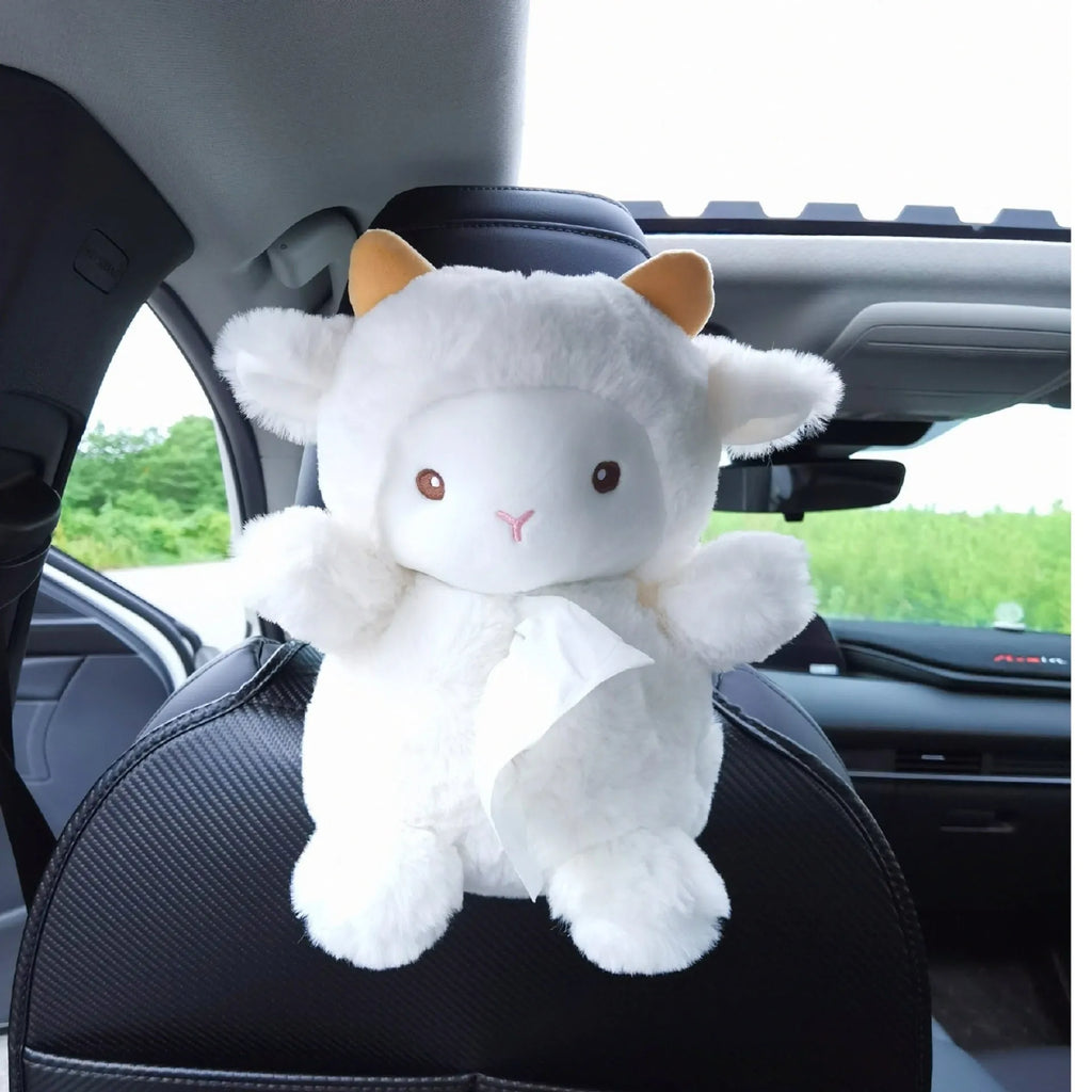 Soft plush lamb car tissue box cover on a car dashboard