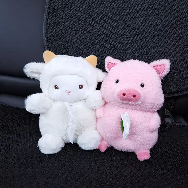 Soft plush lamb car tissue box cover on a car dashboard