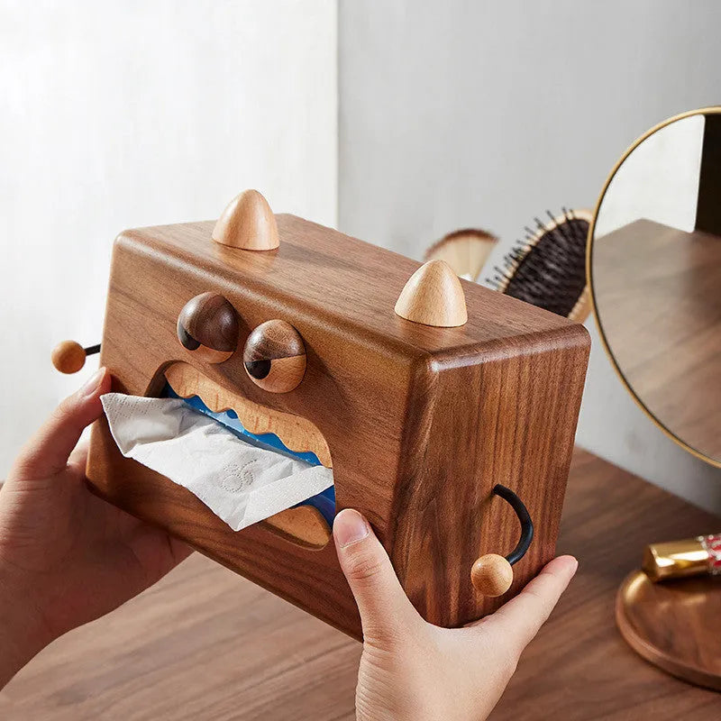 Wooden cartoon Little Monster tissue box in walnut beech finish, 190mm long by 104mm wide by 125mm tall