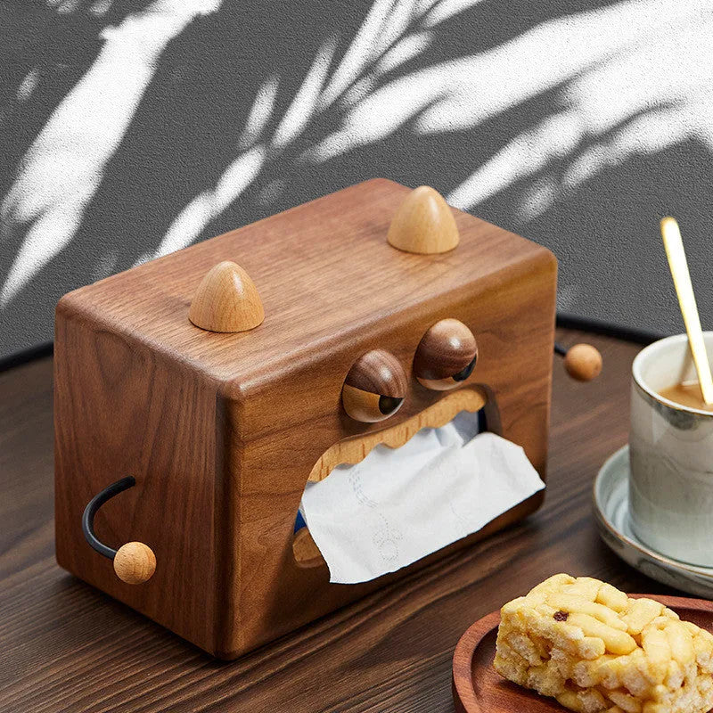 Wooden cartoon Little Monster tissue box in walnut beech finish, 190mm long by 104mm wide by 125mm tall