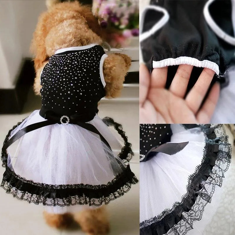 Black spring summer dog clothing in vinylon, sizes XS to L, with bust and back length size chart