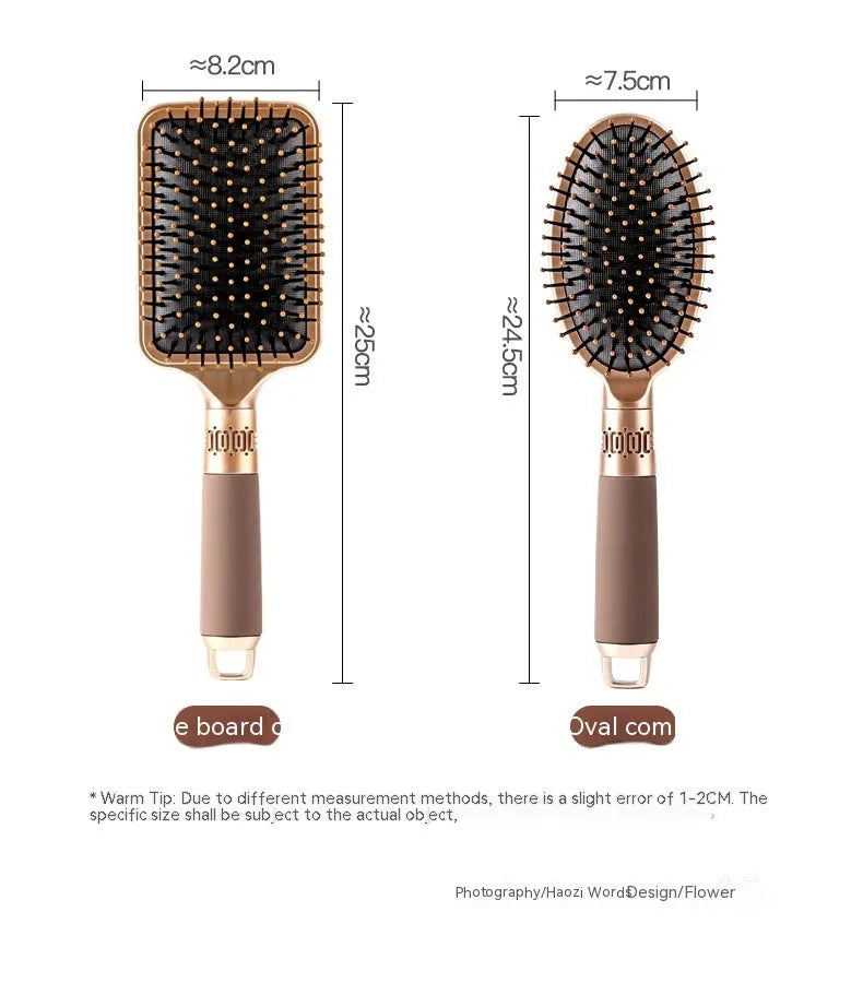 Brown ABS airbag comb with oval head and cushioned base for scalp massage