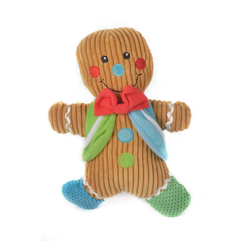 Pet big gingerbread man Christmas toy plush squeaky in blue on white background