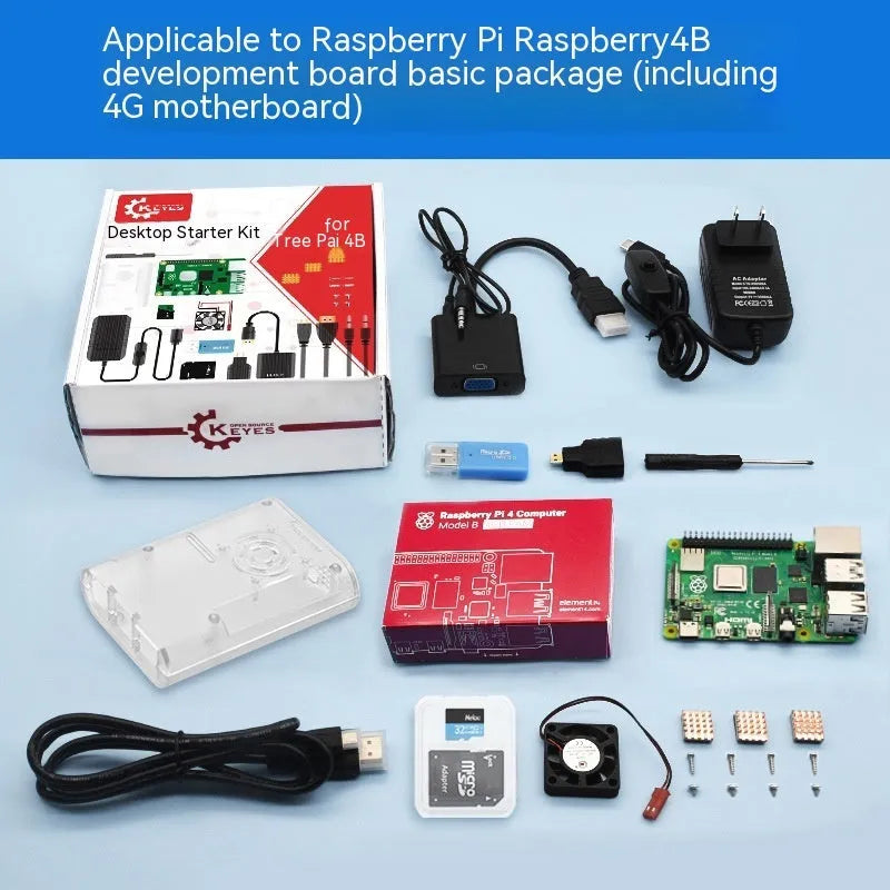 Raspberry Pi 4 Model B mainboard power basic kit with optional 4GB or 8GB motherboard in packaging