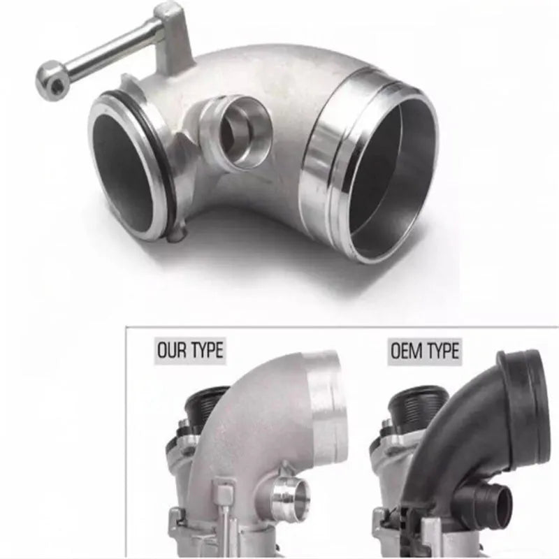 Aluminium alloy 90-degree turbocharger inlet elbow for lateral engine applications, colour as shown.