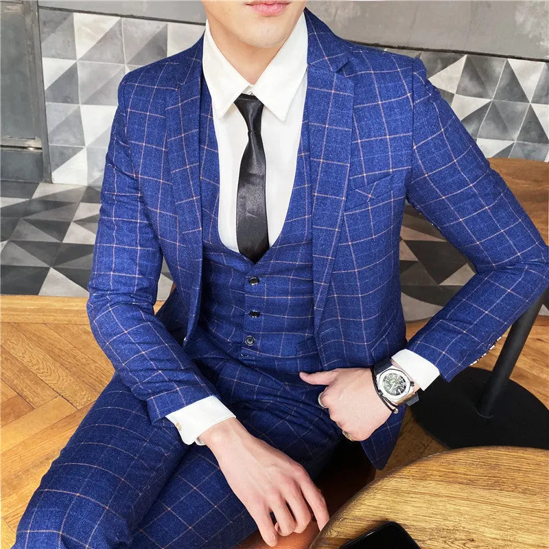Plaid casual blazer three-piece set in red with matching vest and trousers