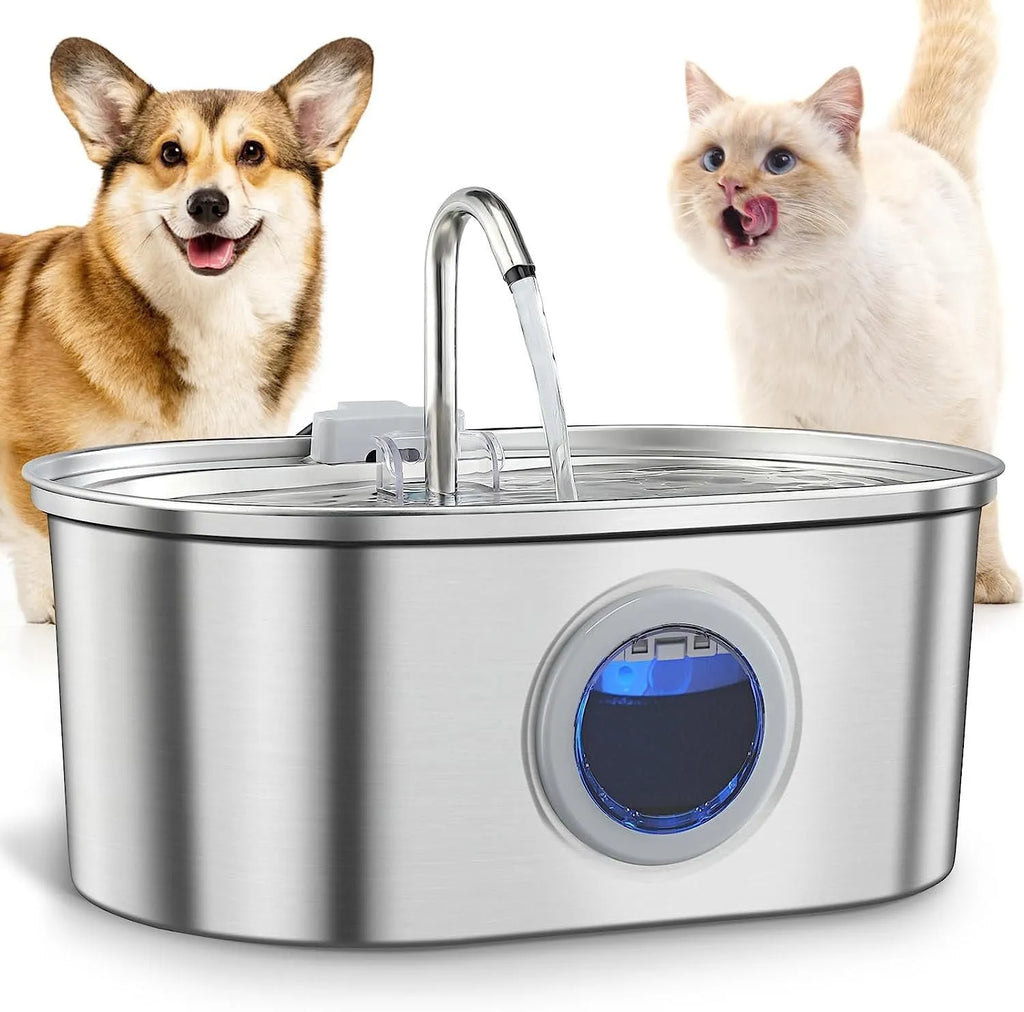 Stainless steel cat water dispenser with pump, filter element, filter cotton, outlet head, and optional adapter.