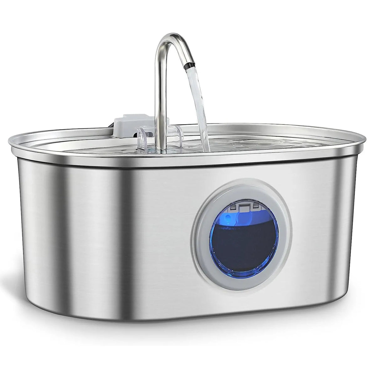 Stainless steel cat water dispenser with pump, filter element, filter cotton, outlet head, and optional adapter.
