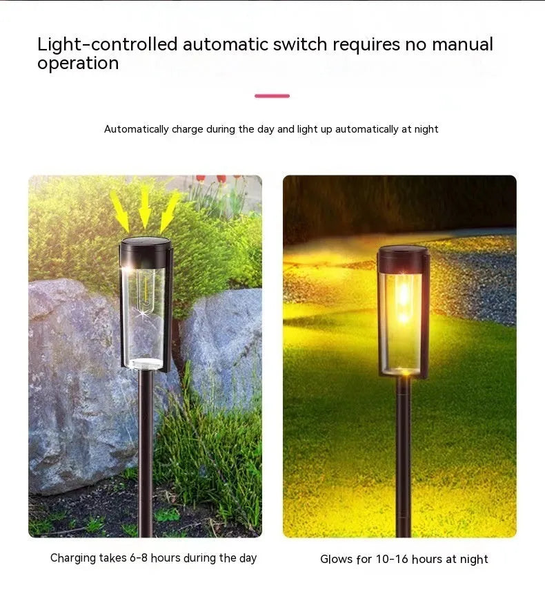 IP65 waterproof solar lawn lamp with tungsten wire filament and geometric ABS housing, 3000K warm light for garden decoration