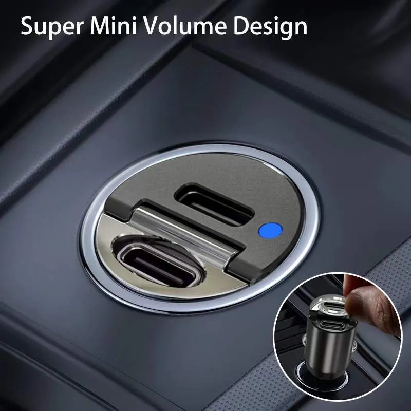 Small black zinc alloy 30W USB-C car charger for cigarette lighter socket with PD and QC fast charging.