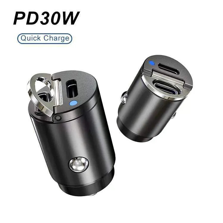 Small black zinc alloy 30W USB-C car charger for cigarette lighter socket with PD and QC fast charging.