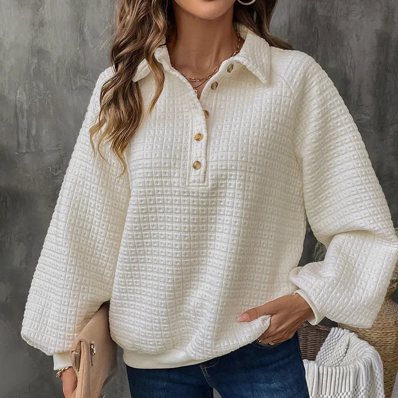 Women's polo collar thickened polyester sweater in solid colour with long sleeves