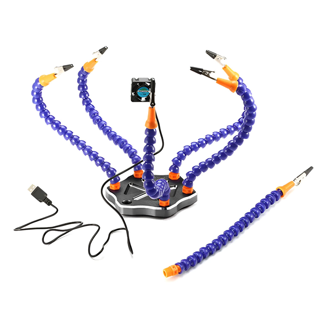 Black six-jaw aluminium welding station with multiple adjustable arms holding an electronic circuit board.