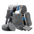 9-piece grey microfiber car wash set with gloves, sponge, tire brush, waxing wipes, and towels