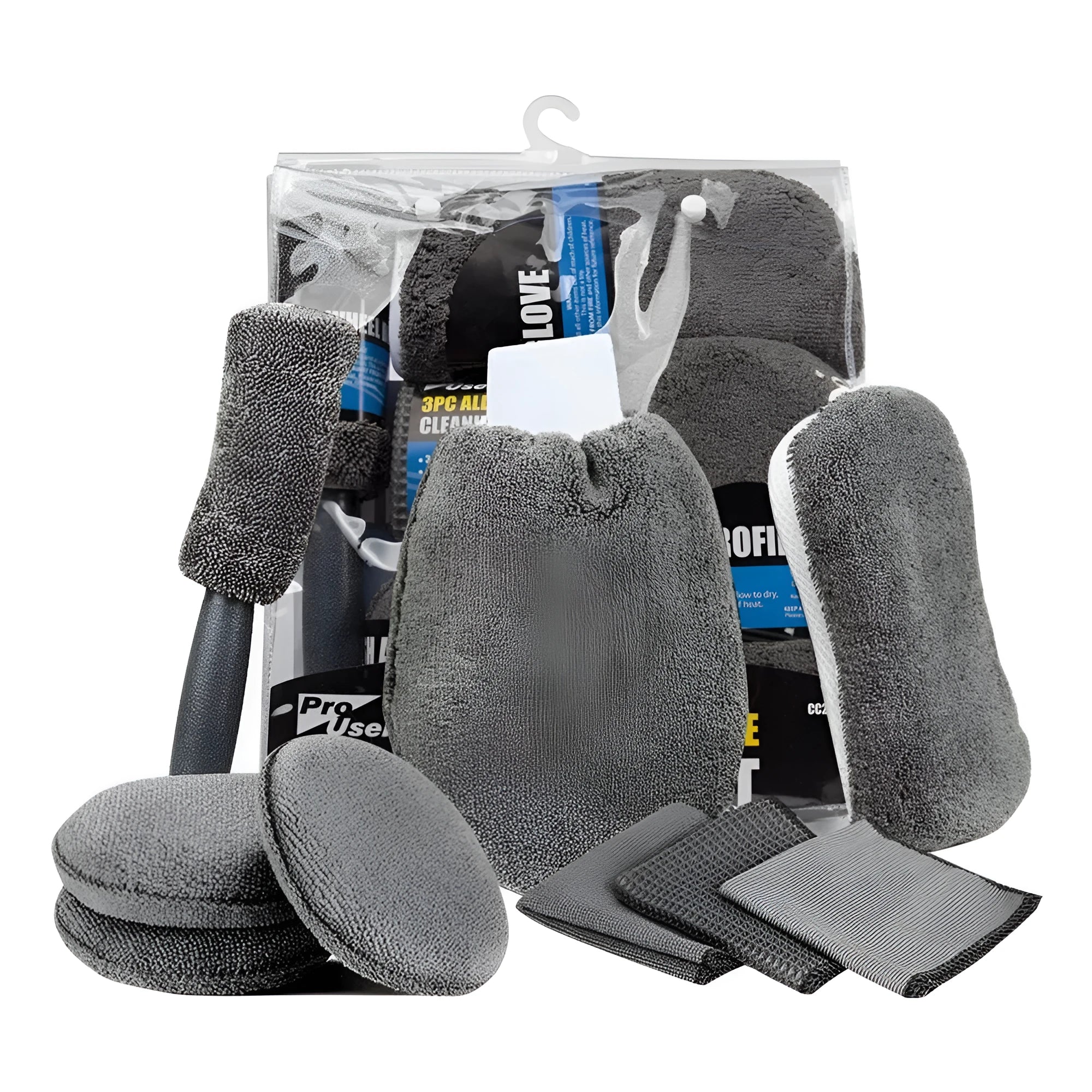9-piece grey microfiber car wash set with gloves, sponge, tire brush, waxing wipes, and towels