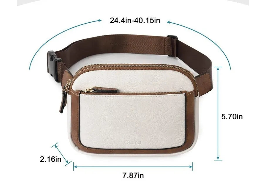 Women's PU leather chest bag in black colour, worn as a crossbody bag with adjustable strap