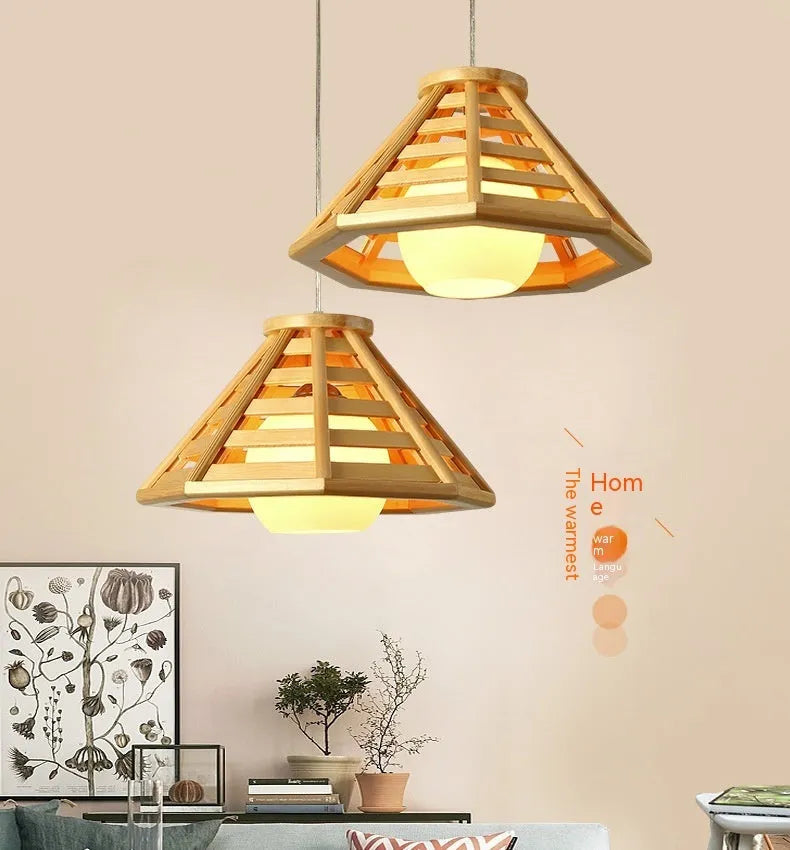 Modern minimalist bamboo woven woodcraft ceiling pendant lamp with LED light, 35cm wood colour