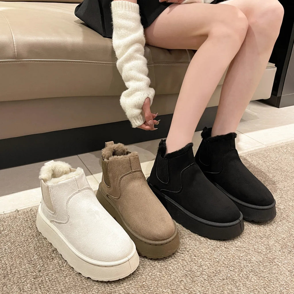 Women's plush snow boots in milky white with flat heel, round toe, faux PU upper, and short plush lining