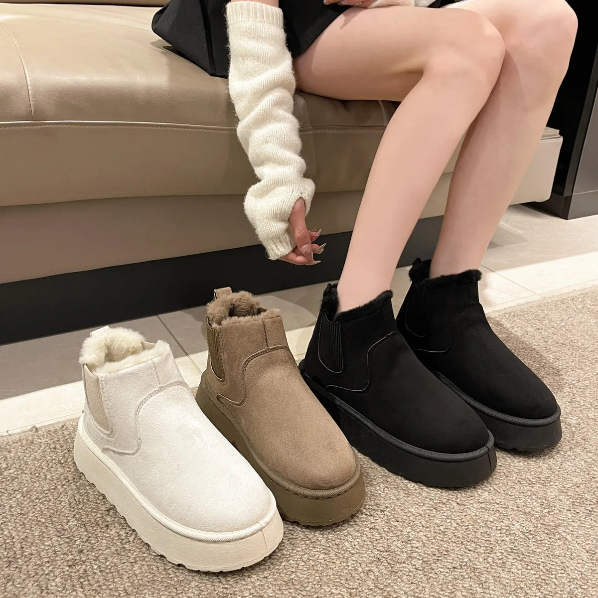 Women's plush snow boots in milky white with flat heel, round toe, faux PU upper, and short plush lining