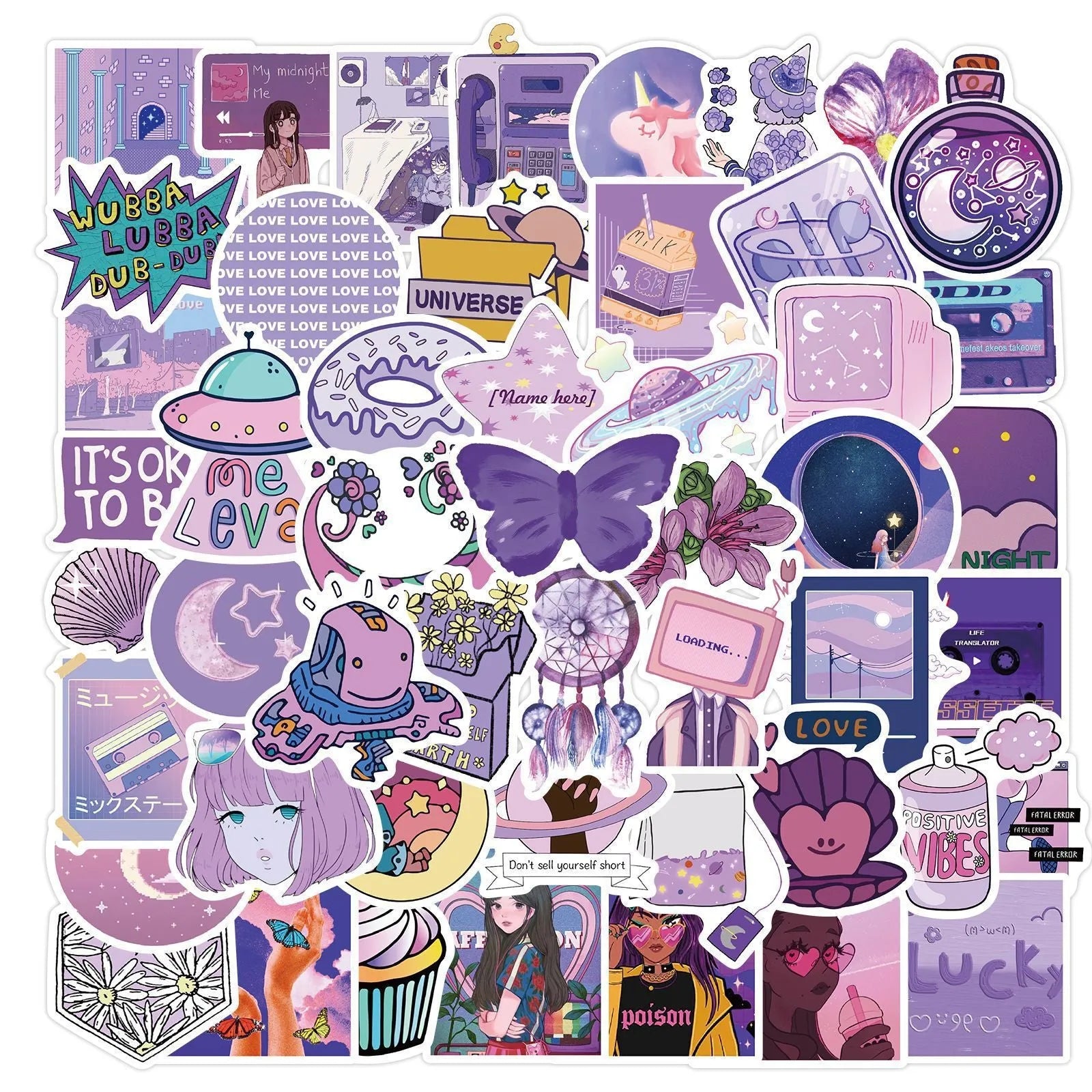 Purple girl graffiti stickers on luggage with colourful cartoon skin design, 50 decals 4-6cm
